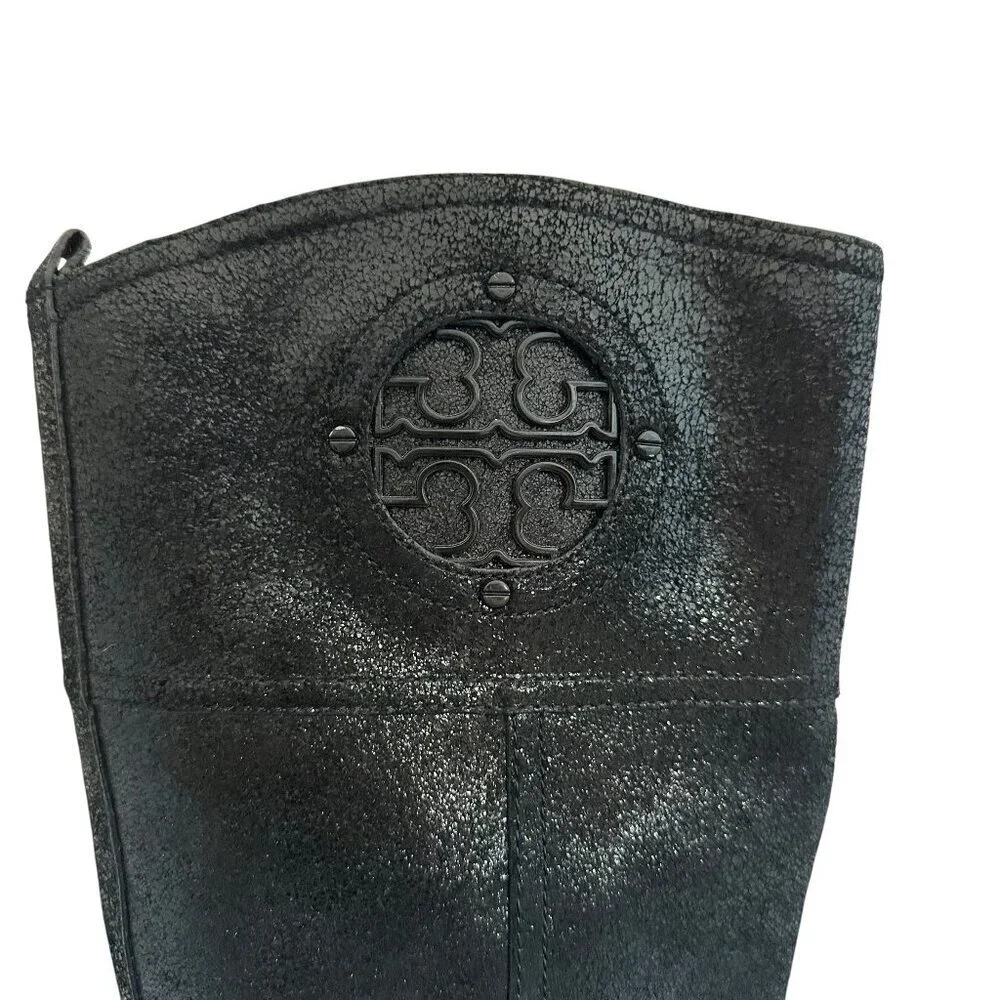 Tory Burch Kiernan Black Caviar Tumbled Leather Tall Riding Boots Size 9 Women's